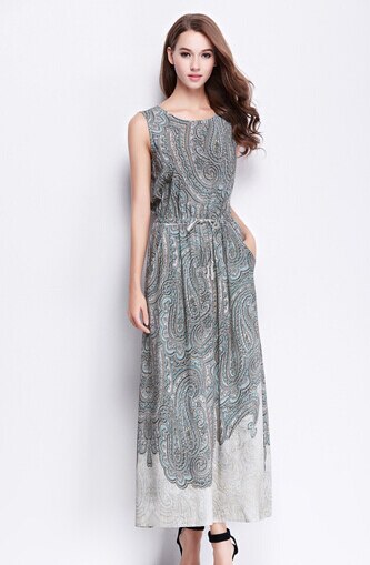 Women summer dress air slim retro print long dress: XL