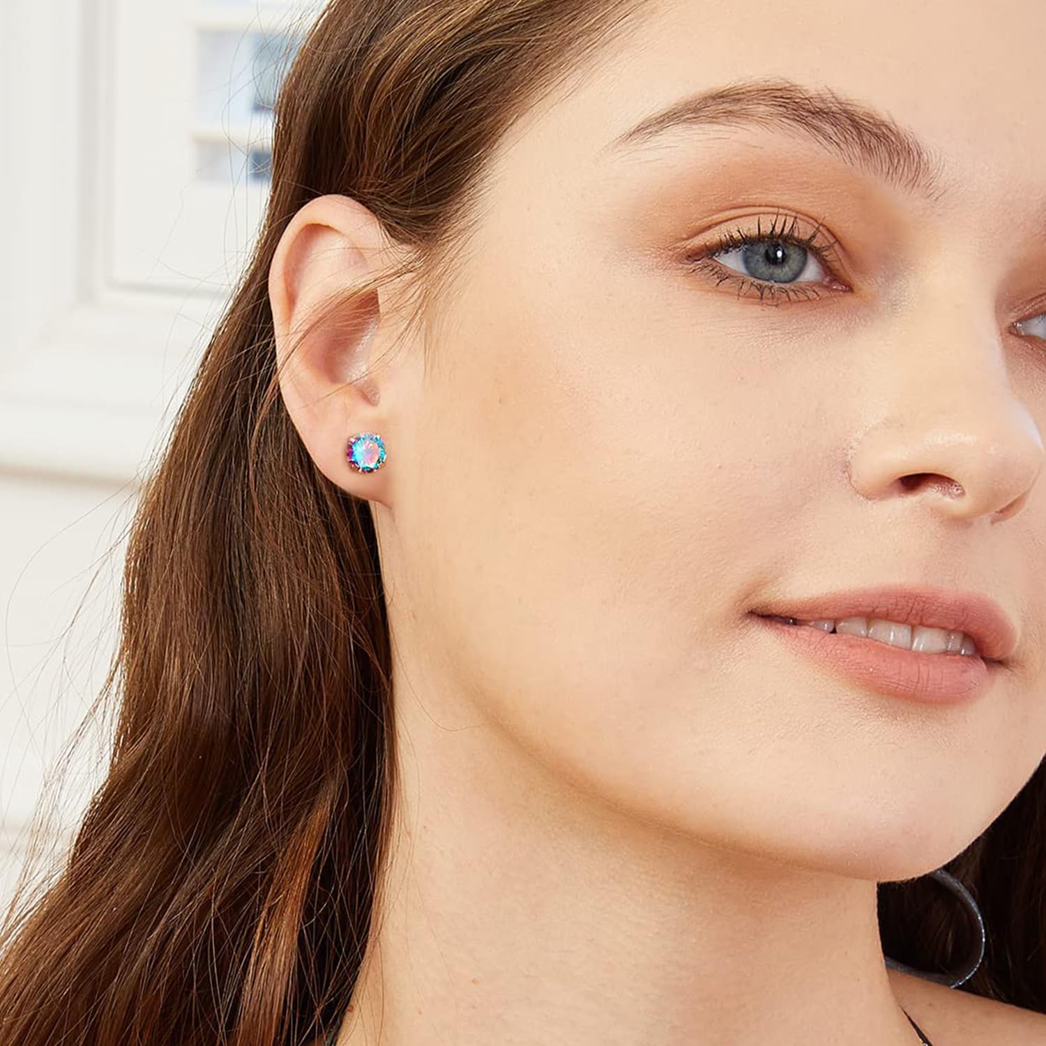 6mm CZ Screw Flat Back Earrings for Women Girls Hypoallergenic for Sensitive Ears Rainbow Cubic Zirconia Stud Earring