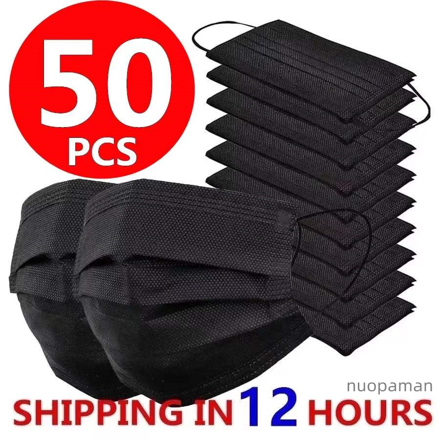 10/50 stk. maske engangs ansigtsmaske sort nonwoven 3 lag filter anti-støv åndbar beskyttende voksenmaske mundmasker på lager