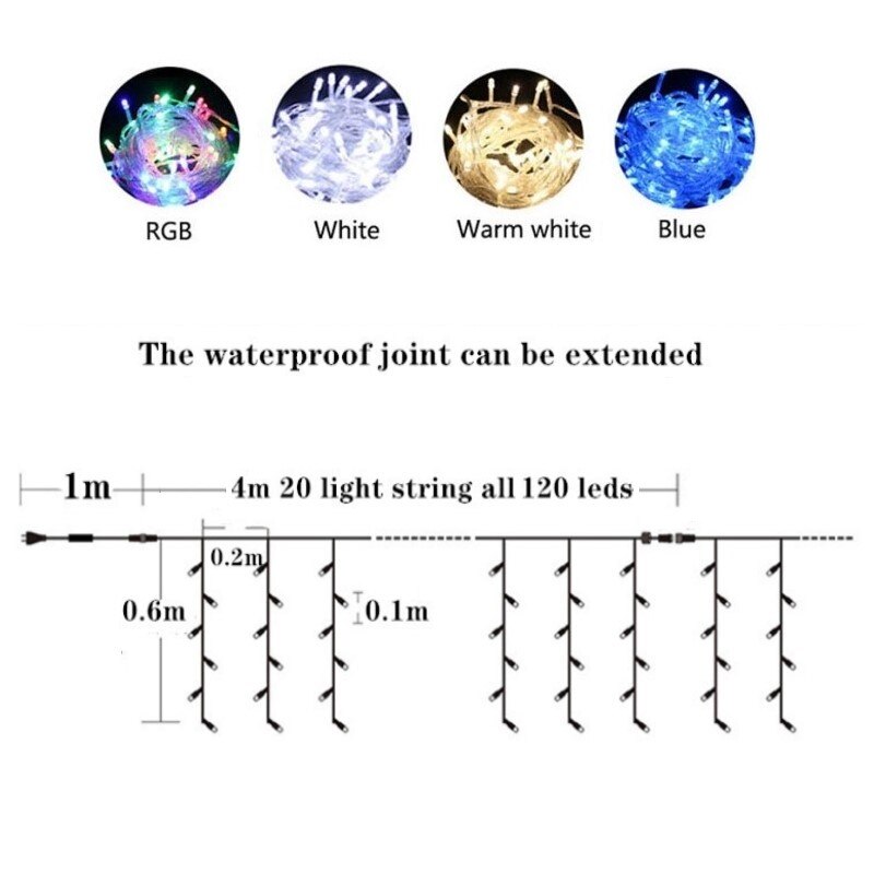 Christmas Decoration 8-24M LED Curtain Icicle String Lights Droops 0.6M Garland for Wedding year