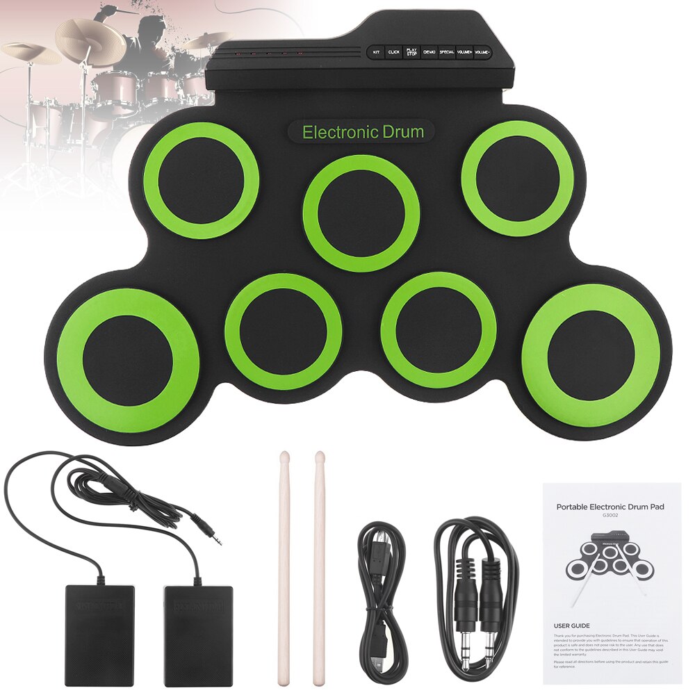 Portable Silicone Electronic Digital USB 7 Pads Roll up Set Green Electric Drum Kit with Drumsticks and Sustain Pedal: green