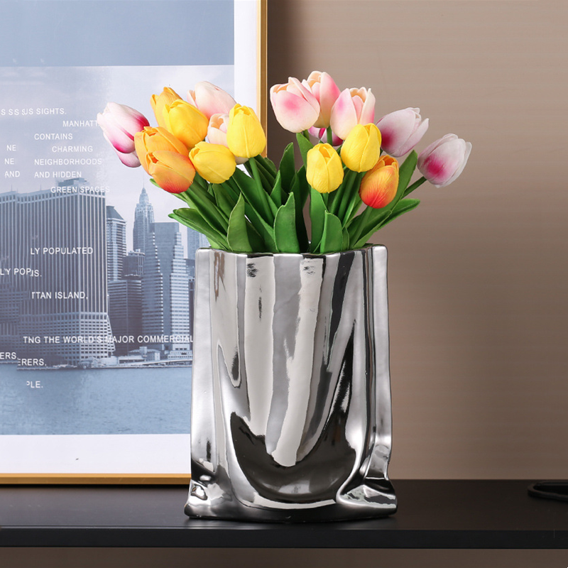 Jarrón de flores con volantes plateados, jarrón de cerámica, arreglo de flores de porcelana, decoración con forma de bolsa, terrario, decoración del hogar, jarrones