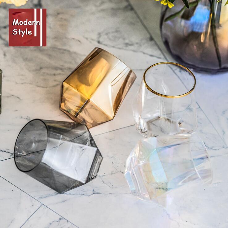 Taza de agua con forma de diamante transparente, taza de cristal con borde dorado, para beber en el hogar, polígono, mate, para leche, vino, estilo Elagant