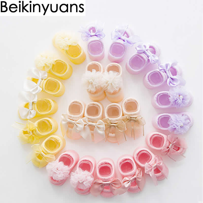 baby baby thin cotton socks floor combed cotton bud silk flowers bow antiskid ship rubber toddler baby non-slip socks point