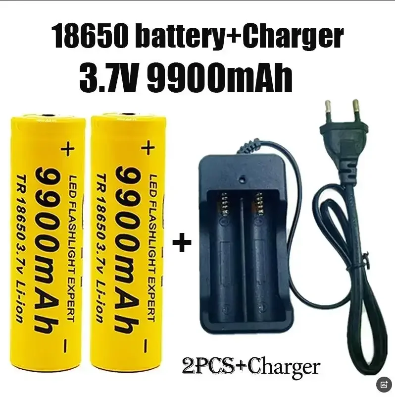 100% Original 3.7V 18650 Battery 9900mAh Lithium Rechargeable Battery flashlight Toys fans battery+charger: WHITE
