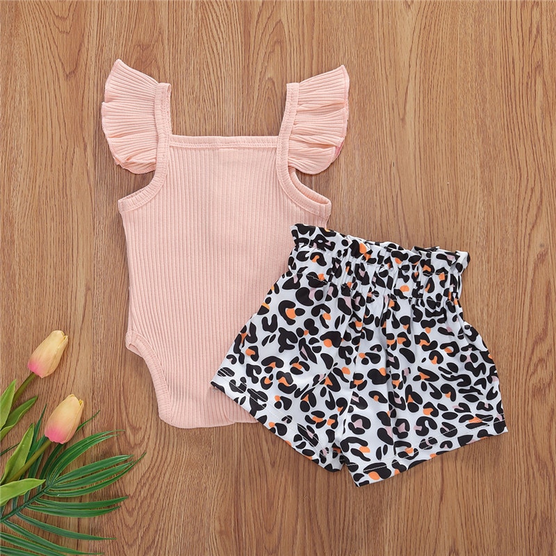 0-24m nyfødte baby piger tøj sæt søde sommer børn piger ribbet strikket knap romper høj talje bælte leopard print shorts