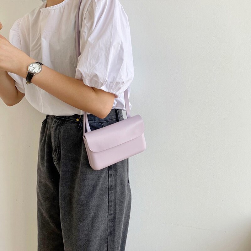 Sommar kvinnor mini crossbody telefonväska enfärgad enkel stil dam axelväska pu läder ungdomsfodral midjeväska ins: Lavendel-