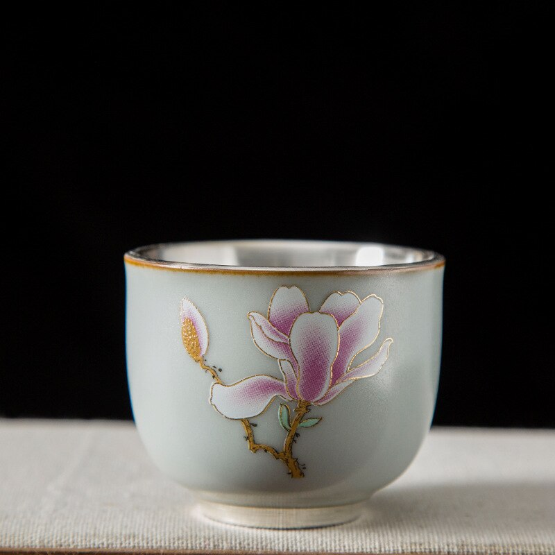 Taza de té dorada de plata 999, vaso Maestro de cerámica, flor a la parrilla, lámina dorada, taza de té Kung Fu