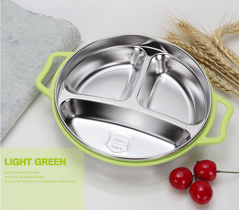 Stainless Steel Children Tableware Baby Dinner Plate Separation Training Plate Dinnerware Set Baby Feeding Bowl: green