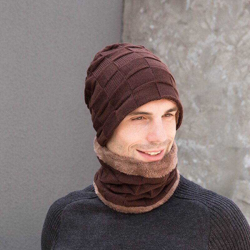 Unisex pipot hattu sormus huivi käsineet setti talvineulottu paksu lämmin lippalakki naiset miehet kiinteä retro pipo hattu pehmeä kosketusnäyttö käsineet: Kahvi 2 kpl setti