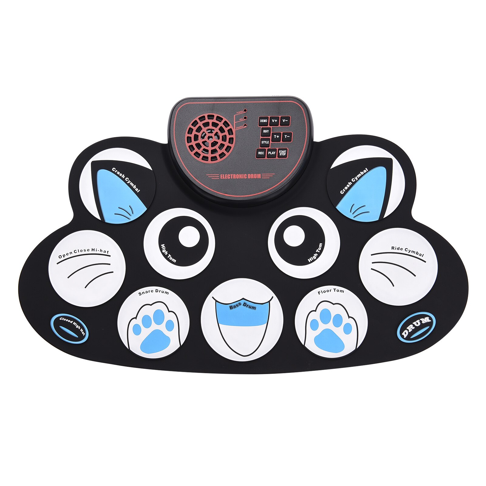 Portable Roll-up Electronic Drum Pad Silicon Digital Drum 9 Demo Songs 10 Rhythms Record 3.5mm Microphone Input: Blue