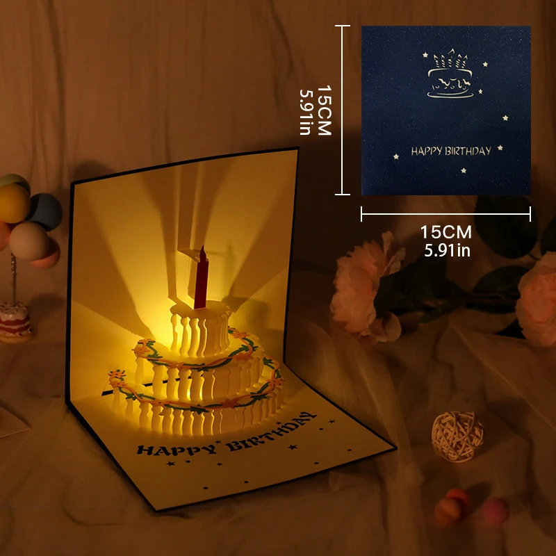 3D-Geburtstagskarte mit leichter Musik, Pop-Up-Kuchen, kreative Grußkarte, alles Gute zum Geburtstag, Party, , Nachrichtenkarten: YELLOW