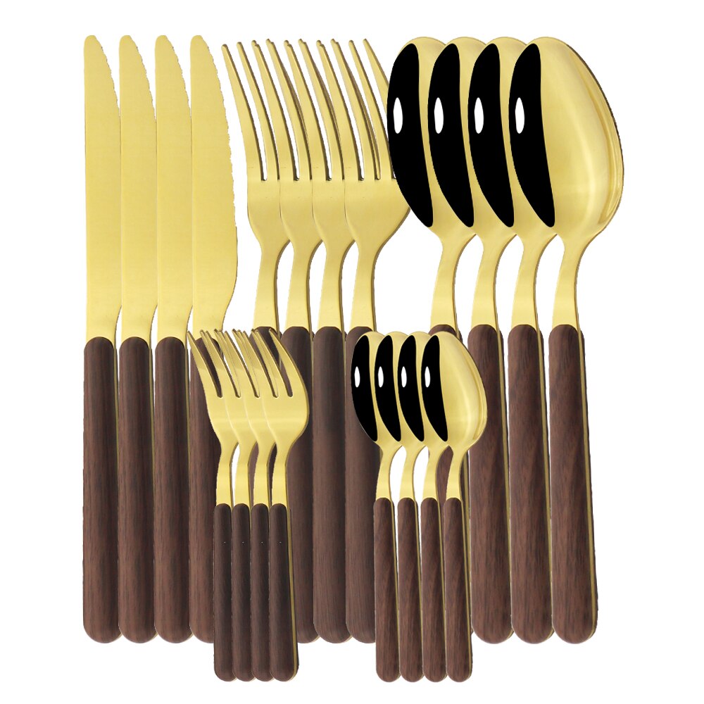 20Pcs Zilveren Houten Handvat Westerse Servies Set Roestvrij Stalen Bestek Set Mes Vork Lepel Theelepel Diner Servies Set: B Dark Gold