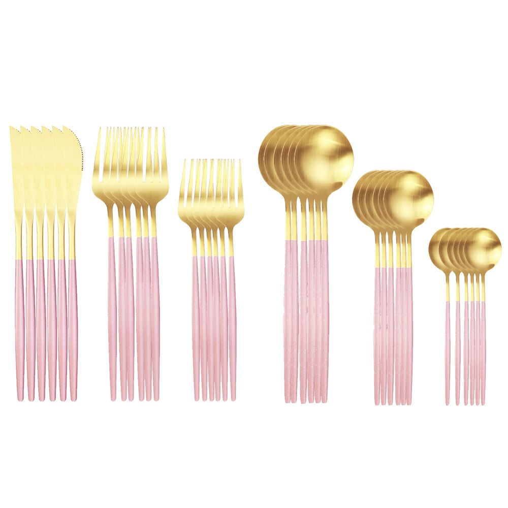 36 pièces or mat couverts ensemble de couverts en acier inoxydable vaisselle Dessert fourchette thé cuillère couteau argenterie cuisine vaisselle: Pink gold