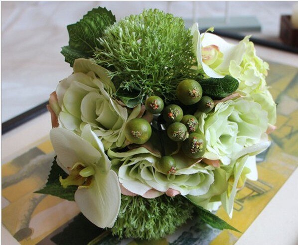Kyunovia Chic Peony Bouquet Artificial Orchid Wedding Decoration Silk Flowers Natural Bridesmaid bouquet Bridal Bouquet D39: Green