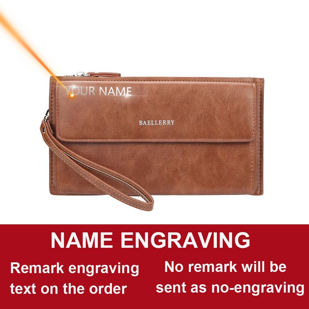 Men Wallets Long Name Engraving Card Holder Male Purse Zipper Large Capacity PU Leather Wallet For Men: Coffee Name