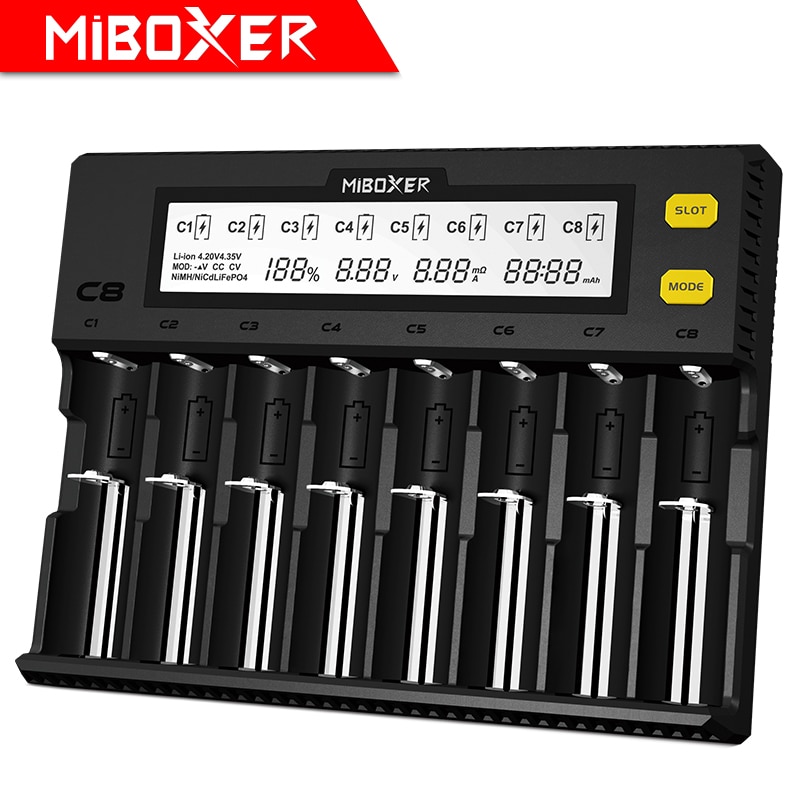 MiBOXER C8 Battery Charger 8 Slots LCD Display for Li-ion LiFePO4 Ni-MH Ni-Cd AA 21700 20700 26650 18650 17670 RCR123 18700