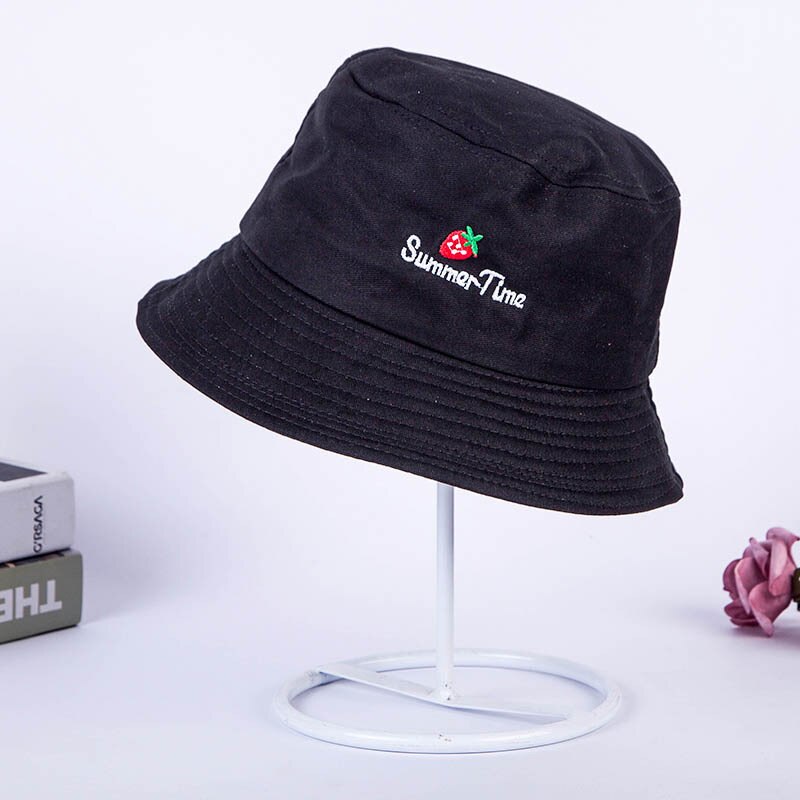 Bonito bordado de fresa con letras para chica, sombrero de pescador para mujer, y plegable, a la para actividades al aire libre, gorro de lavabo, gorro de sol, gorros