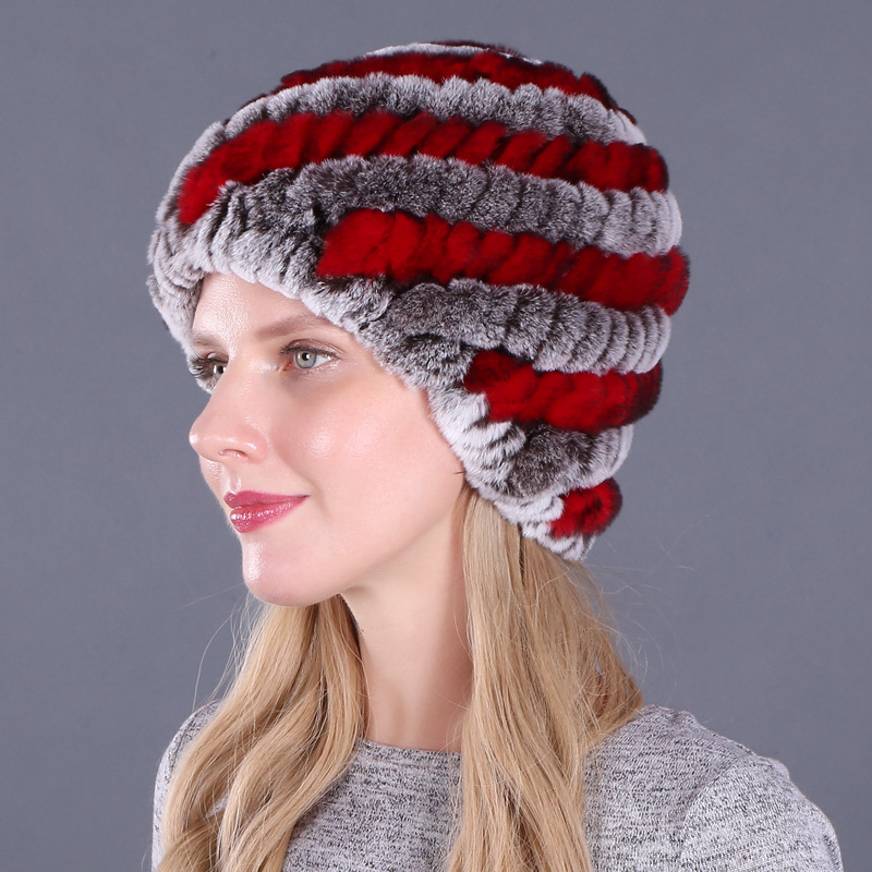 Dames RealRabbit bontmuts harige gebreide muts warme muts ski schedel cap: Rood