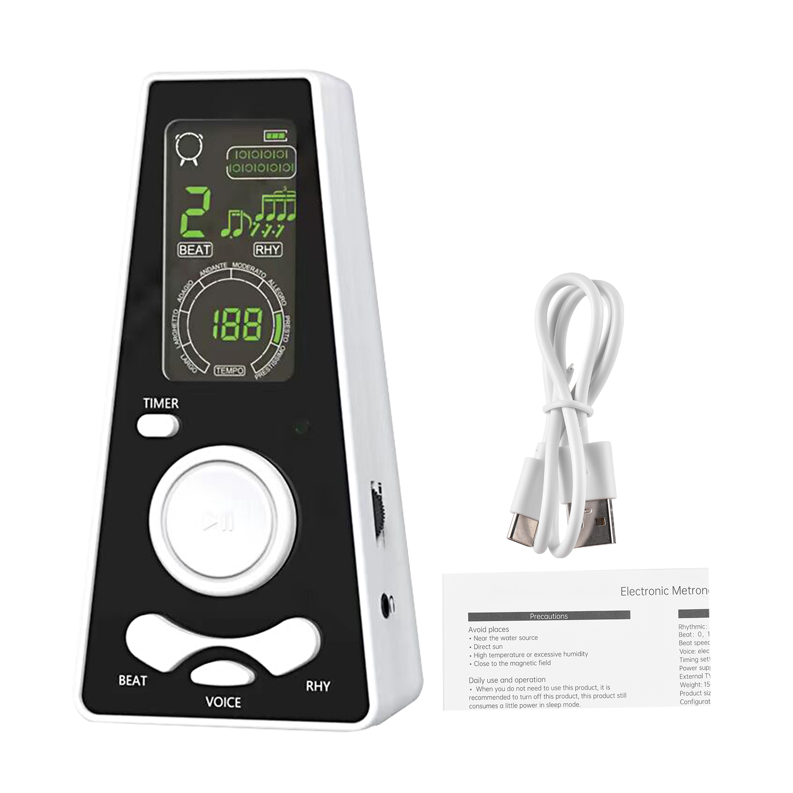 Elektronische digitale metronoomtimer Universele elektronische metronoom met volume- en beatsnelheidsregeling Batterij USB-metronomen: WHITE