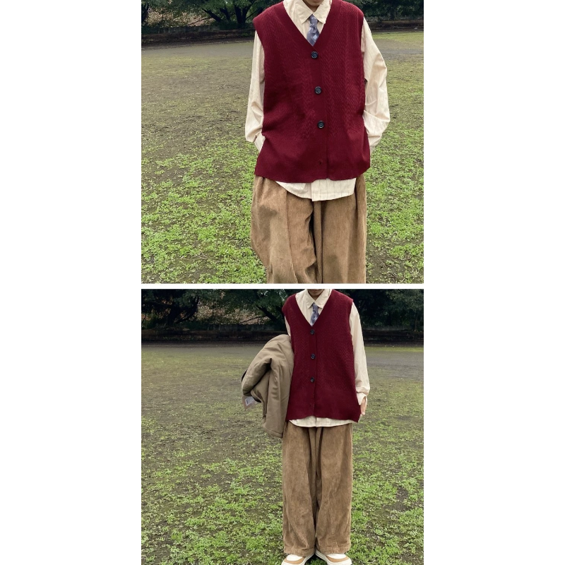 Jesienny Nowy retro Japońnarty Styl Hong Kongowy Styl Bordowy Modny Kardigan Bez Rękawów Męnarty Sweter Bez Rękawów Płaszcz
