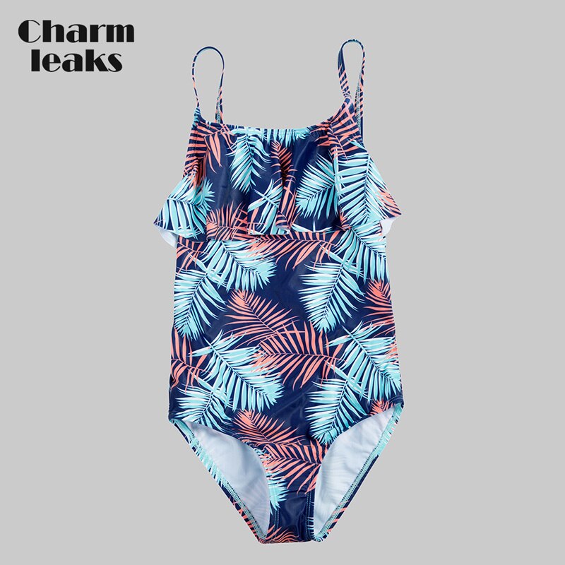 Charmleaks piges ét stykke badedragter bladprint badetøj flæse børn bikini justerbar rem strandtøj: 5-6y