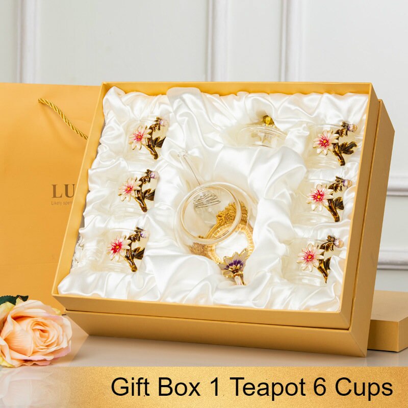 Beautiful Enamel Crystal Tea set daisy Glass Teapot for and Cold Drinks Home Drinkware Office kettle Teaware set coffee pot: 1 Teapot 6 Cups