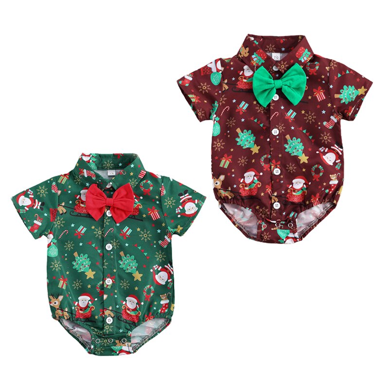 Christmas 0-24M Baby Girls Boys Bodysuits Santa Print Short Sleeve Bow Tie Gentleman Party Jumpsuits