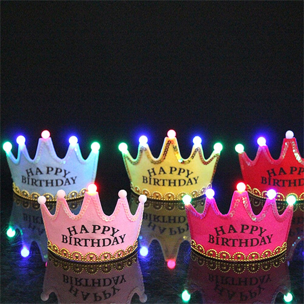 LED Light Happy Birthday Crown Hat for Kids Child Princess King Party Decor Supplies DIY Glowing Birthday Cap Headband