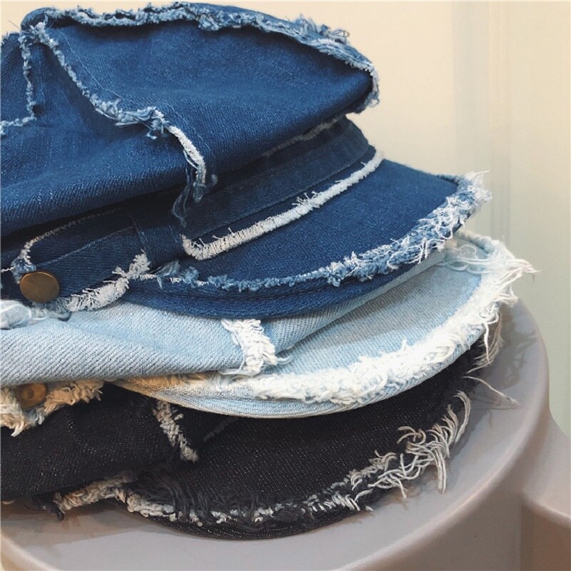 Spring and Autumn Fringed Retro Denim Octagonal Hat with Band Vintage Distressed Peaked Newsboy Cap for Women Tassel Baker Boy