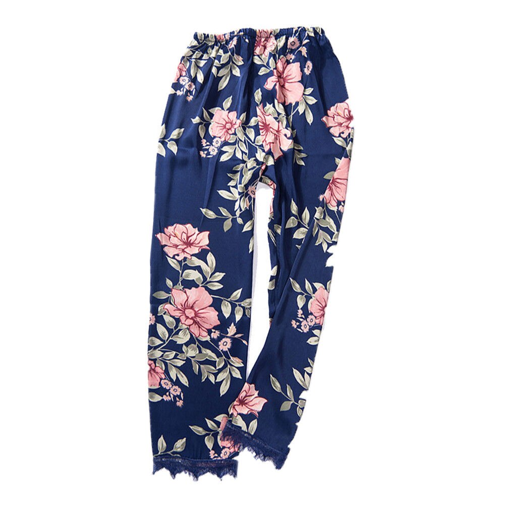 Kvinder dame silke satin pyjamas sæt pyjamas nattøj nattøj lounge slid kostume: Blomstret blå / M og l