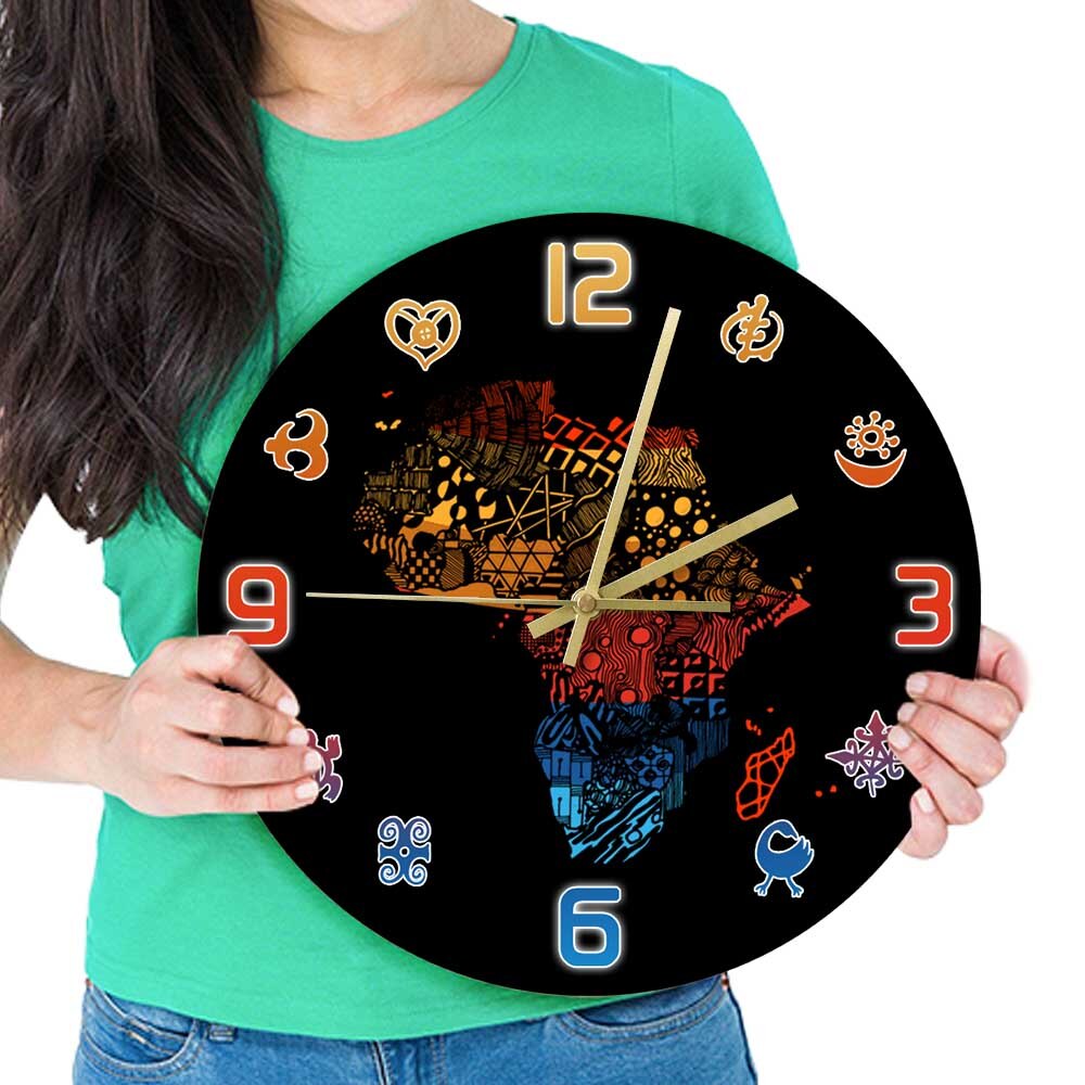 Africa Map Adinkra Symbols Colored Continent Wall Clock For Bedroom Gye Nyame African Home Décor Silent Non Ticking Wall Watch