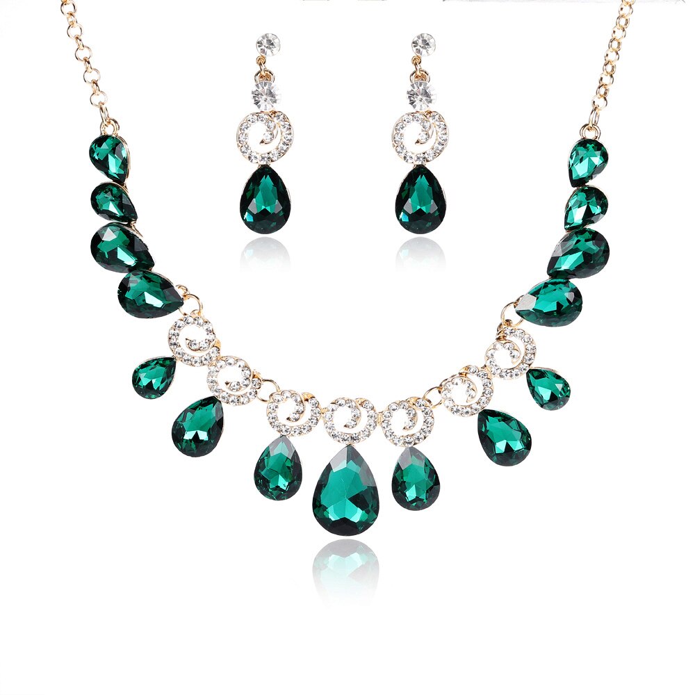 FARLENA biżuteria elegancka kropla wody kształt kryształki górskie naszyjnik kolczyki zestaw biżuterii ślubnej na ślub bal: zielony
