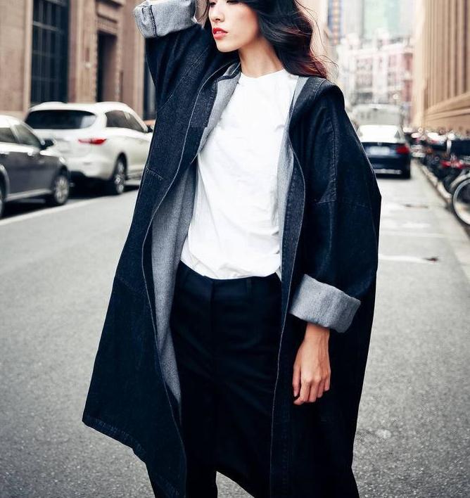 Trench coat en denim femme, ample super long en denim trench coat femme, décontracté avec capuche en denim, printemps