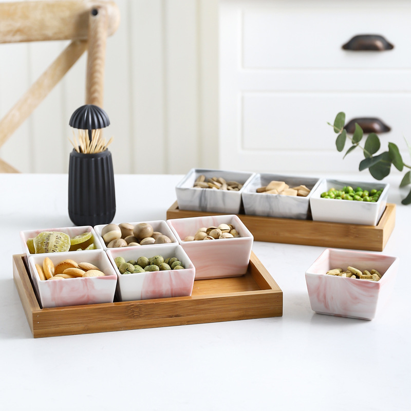 Marmor fruktfat keramik fat tallrik porslin snacks godis nötter desserter eko naturlig serverings bambu bricka set salladsskål