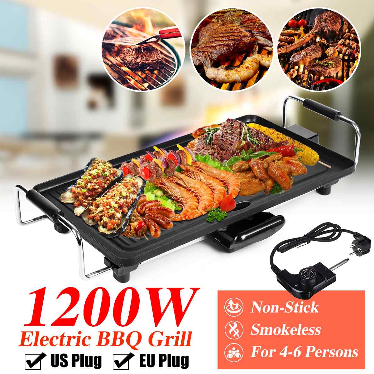 Barbecue électrique en aluminium antiadhésif, 1200W, 48x27cm, sans fumée, prise ue/US