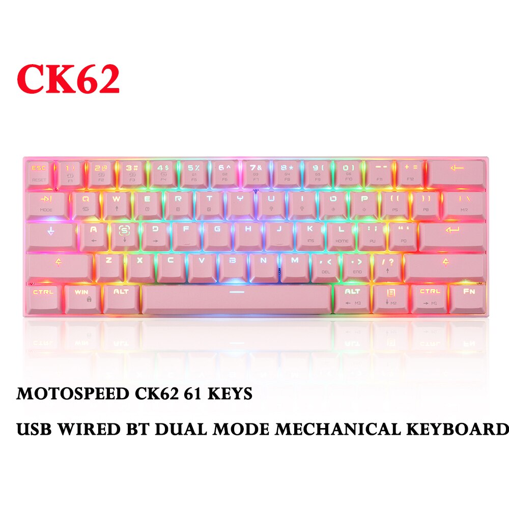 Motospeed CK62 61 Keys USB Wired BT Dual Mode Mechanical Keyboard with RGB light effects Gaming Keyboard for pc laptop computer: CK62 Pink / Blue Switch
