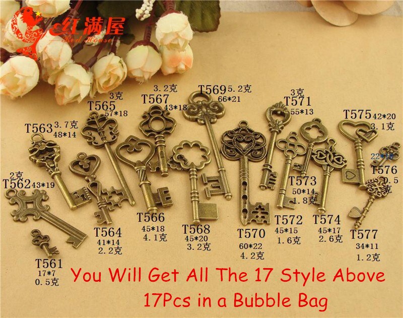 Steampunk sæt 17pc -  gotiske nøgler mix - vintage smykker perler charme og vedhæng