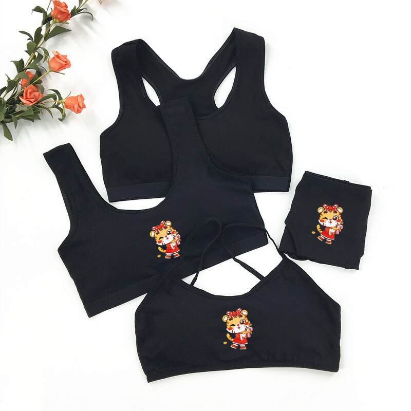 Cotton Girl Solid Color Bra Student Girl Puberty Bra + Panty Suit U-shaped Thin Belt Small Vest Wrap Chest 8-16Y