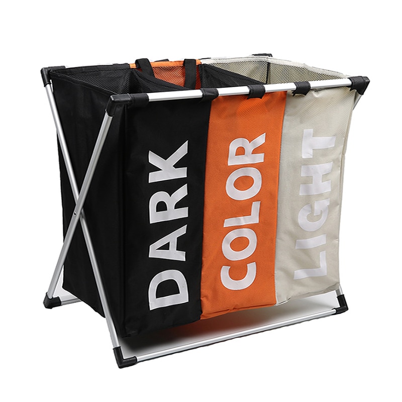 Collapsible Dirty clothes laundry basket Three grid bathroom laundry hamper Organizer home office metal storage basket