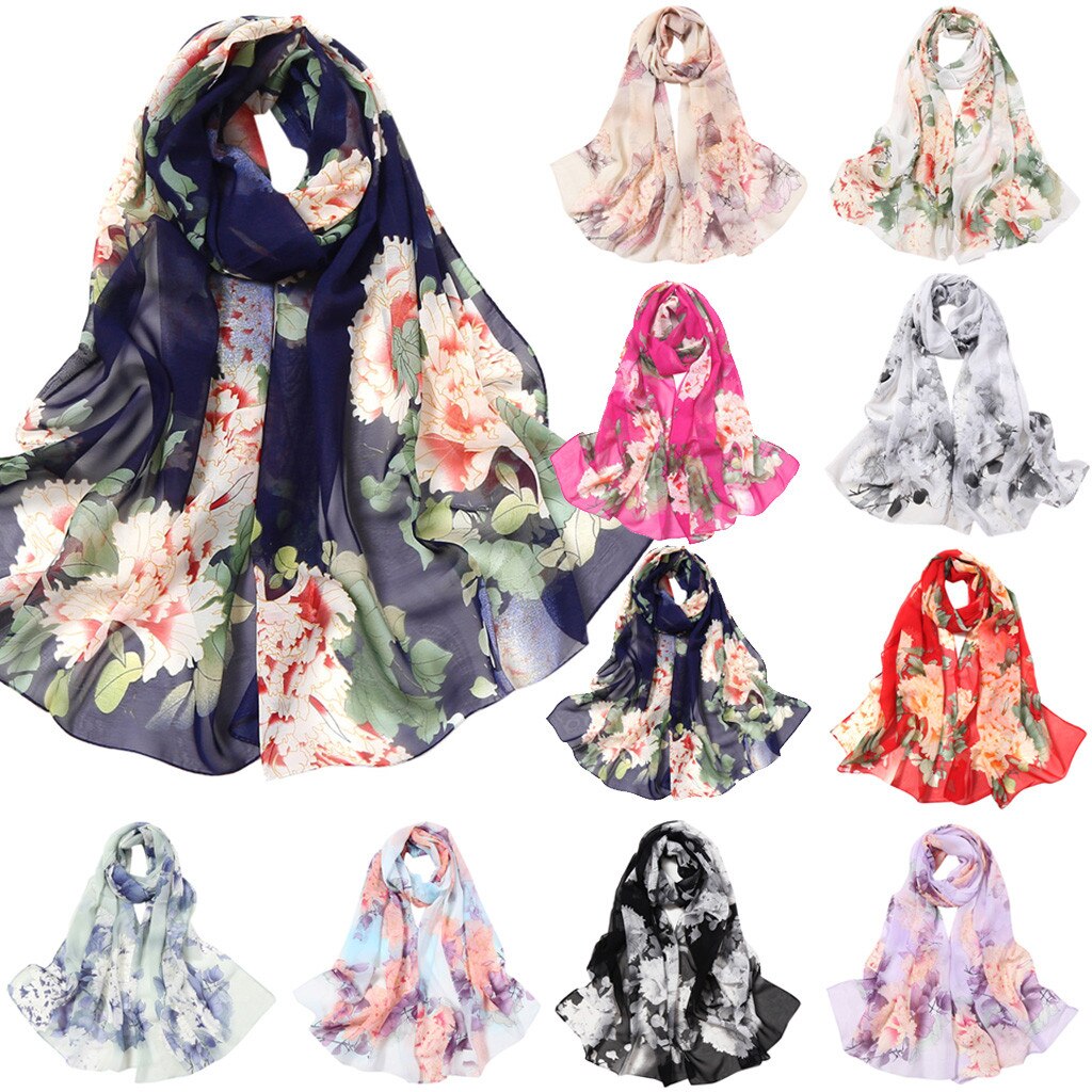 Women Silk Scarf Flower Printing Scarves Long Soft Wrap Simulation Silk Shawl Ladies Beach Scarf Shawl Bandana