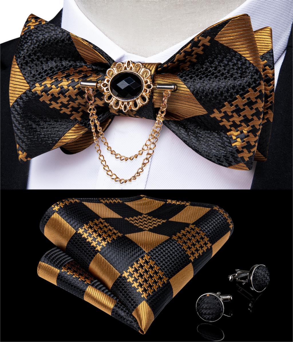 Luxury Gold Black Paisley Self Tie Men&#39;s Bow Tie Silk Woven Wedding Party Butterfly Ties Hanky Brooch Pin Set Tuxedo Bow DiBanGu: HL-3004-0009