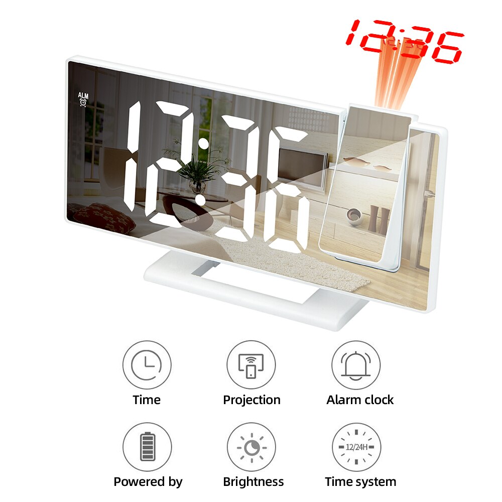Reloj Despertador Digital con Proyección LED, Dispositivo Electrónico para Mesilla de Noche del Dormitorio con Radio FM y Proyector de Tiempo: White on White C
