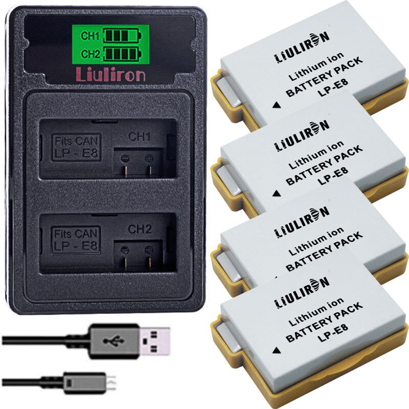 Batería LP E8 LP-E8 LPE8 de 7,4 v y 2100mah, cargador Dual para Canon EOS 550D, 600D, 650D, 700D, X4, X5, X6i, X7i, T2i, T3i: charger and 4battery