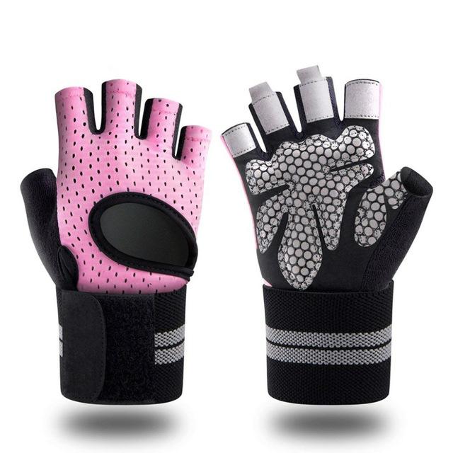 Guantes de Fitness para gimnasio de medio dedo con soporte para muñeca para hombre y mujer, entrenamiento de Crossfit, equipo de levantamiento de pesas de potencia: Rosa / S