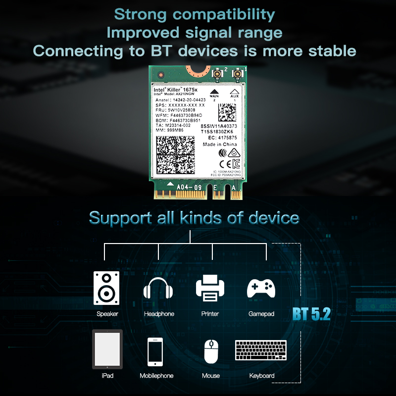 Killer – carte réseau sans fil 1675X WI-FI 6E, 5374M, Bluetooth 5.2, 802.11AX, AX210NGW, pour ordinateur portable Windows 10/Win11