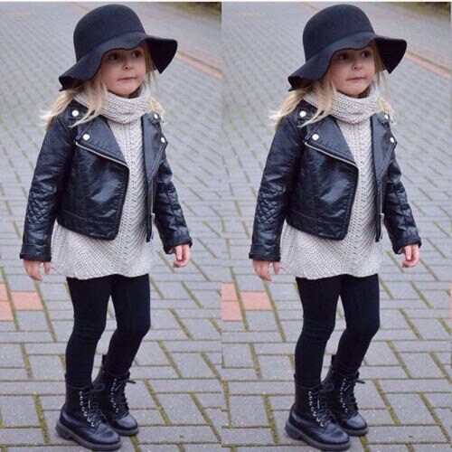 2-7T Kids Baby Girl Motorcycle PU Leather Jacket Biker Coat Overcoat Black Clothes Baby Coat