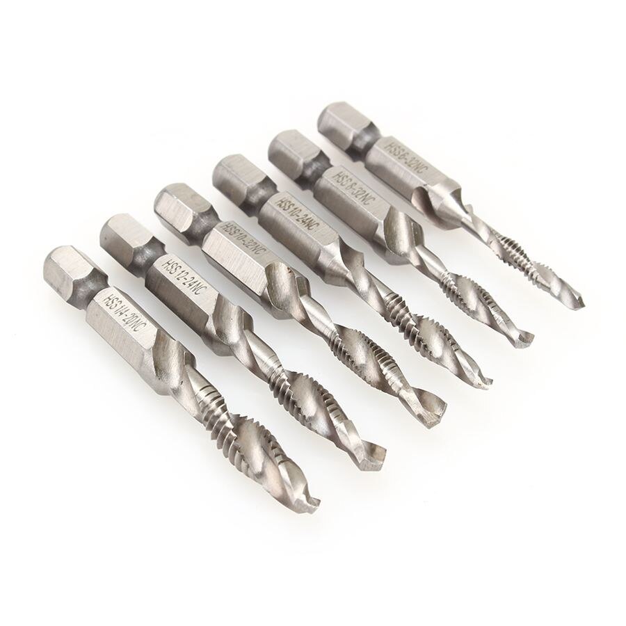 6pcs SAE Drill Tap Combination Bit Set Deburr Countersink Hex Bit HSS 1/4 Shank Combination Drill Tap Bit Tapping Deburring