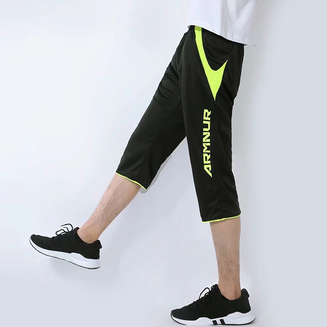 3/4 Men Sports Football Pants zipper Pockets Athletic Football Soccer Training sport Pants Elasticity Legging jogging Gym pants: black green / Asian sizes L