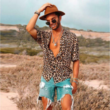 Mænd vintage leopard print skjorter sommer afslappet korte ærmer løse skjorter mand han skjorte toppe plus størrelse s -3xl: M
